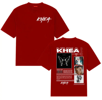 Red KHEA tour 2026 cotton t-shirt with bold white graphic album art on front and back, oversized hip hop streetwear