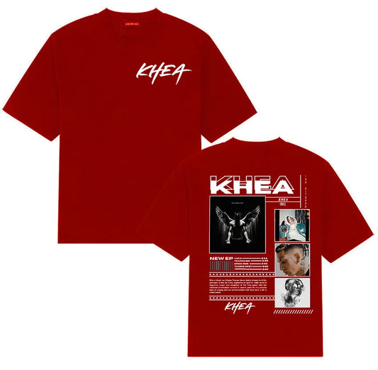 Red KHEA tour 2026 cotton t-shirt with bold white graphic album art on front and back, oversized hip hop streetwear