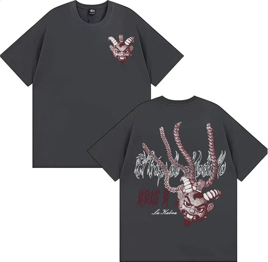 Dark gray oversized 100% cotton t-shirt featuring red and white muzan kibutsuji graphic from rapper kris r ec trap de medallo merch