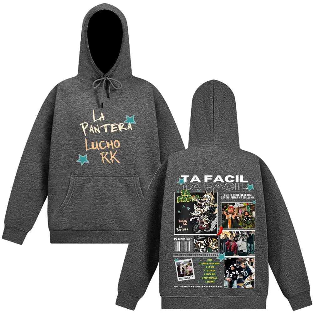 Dark gray heathered hoodie with la pantera lucho rk front text and detailed band collage design on back side