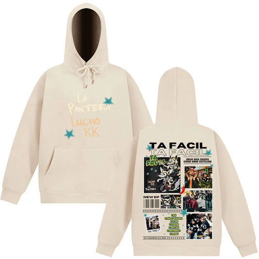 Cream-colored rapper la panter lucho rk ta facil album 2025 tour hoodie with front graphic and detailed back print
