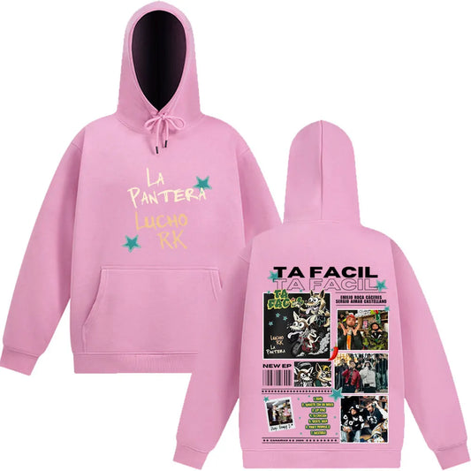 Pink hoodie featuring la pantera lucio kk text and star graphics on front with detailed album art collage on back side