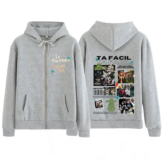 Back of gray zip-up hoodie with ta facil graphic and band-related visuals from rapper la panter lucho rk 2025 tour design