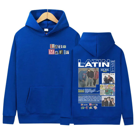 Royal blue cotton rapper latin mafia hoodie with bold latin mafia graphic on front displayed on wooden hanger