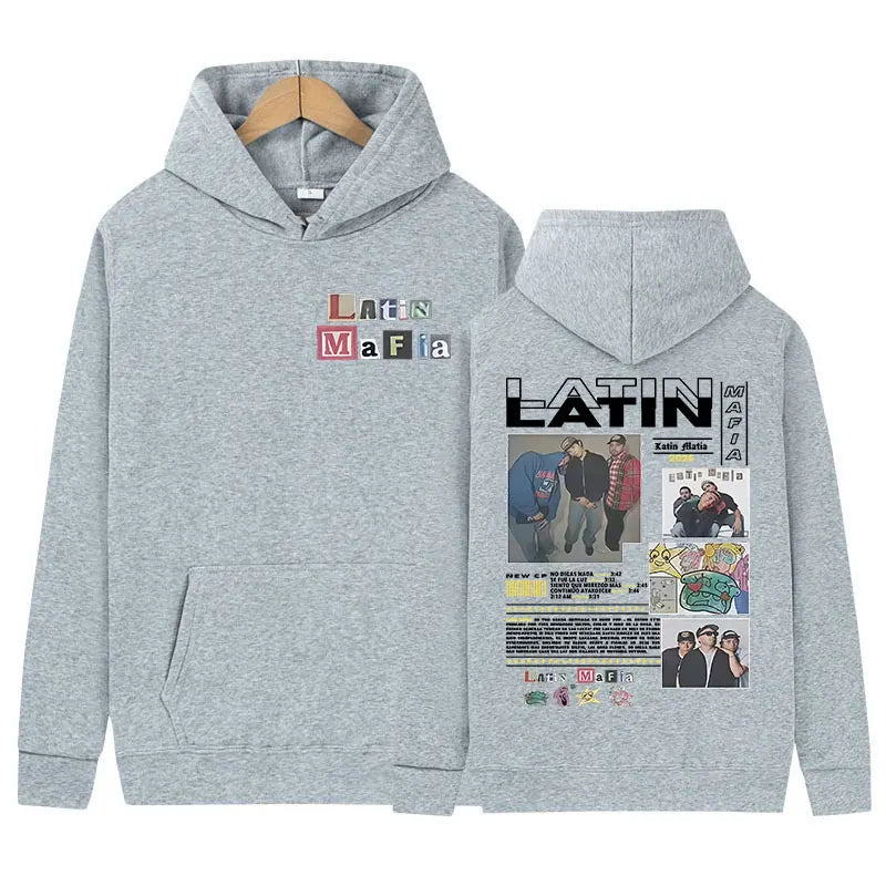 Gray heathered fleece hoody with rapper latin mafia graphic print featuring y2k hip hop oversized style elements