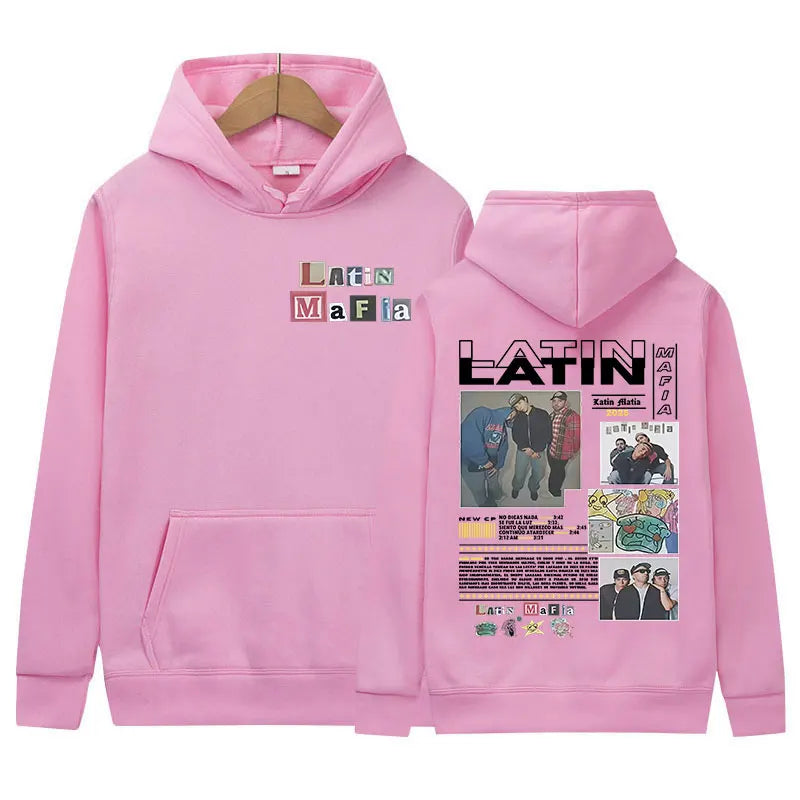 Pink rapper latin mafia hoodie with graphic print y2k hip hop oversized high quality fleece sweatshirt