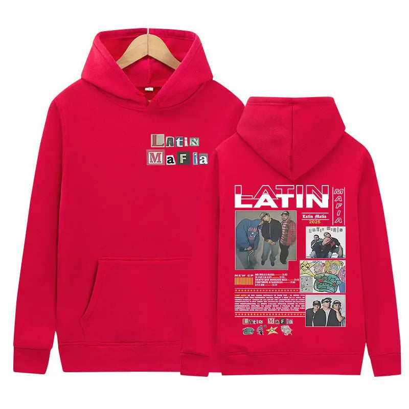 Red cotton fleece hoodie back featuring rapper latin mafia y2k hip hop oversized tour album graphics design
