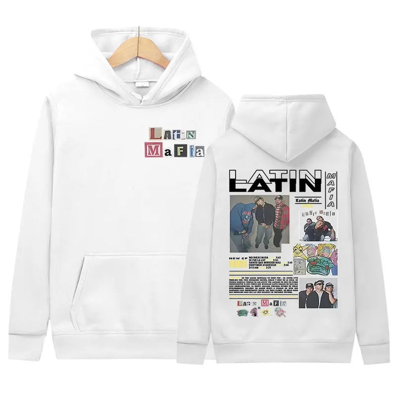 White cotton rapper latin mafia tour hoodie with graphic print, bold black and red text, y2k hip hop oversized style