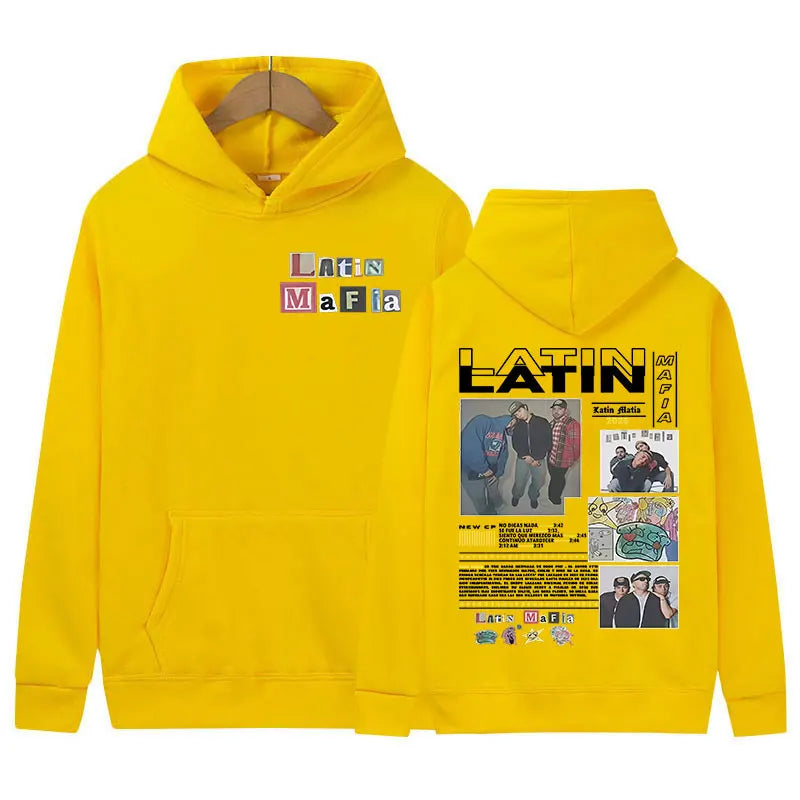 Bright yellow rapper latin mafia hoodie with album art graphic print y2k hip hop oversized high quality fleece