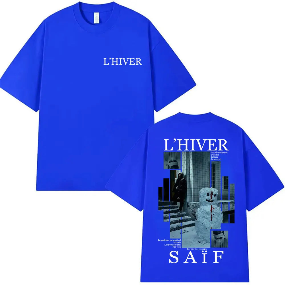 Bright blue oversized vintage cotton t shirt with snowman graphic and saif album text for gothic hip hop fans streetwear