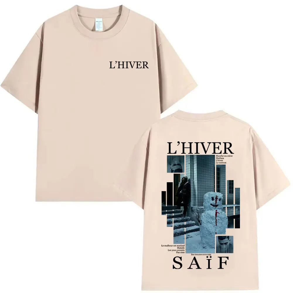 Beige cotton short sleeve t-shirt with l’hiver snowman graphic print for fans streetwear gothic hip hop saif album style