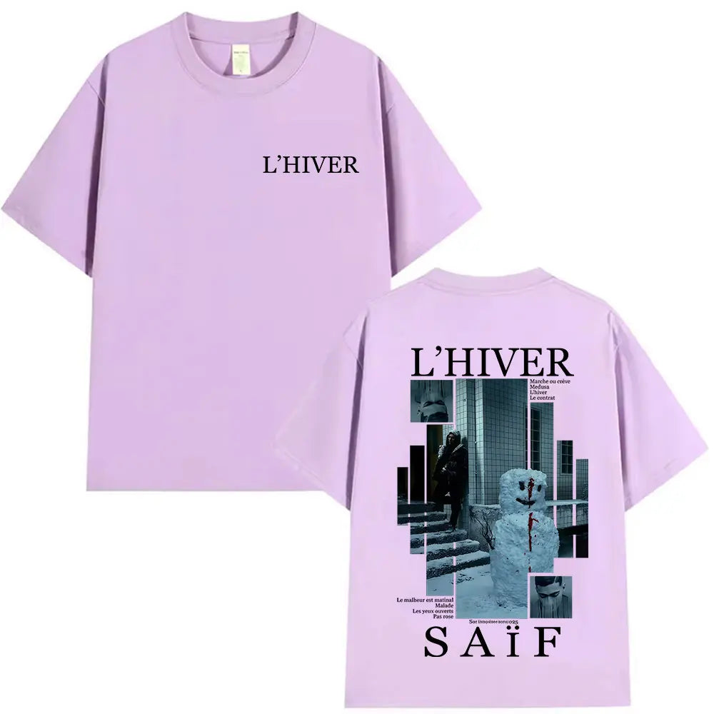 Lavender gothic hip hop short sleeve cotton t shirt with l hiver front print and saif album snowman graphic on back fans streetwear