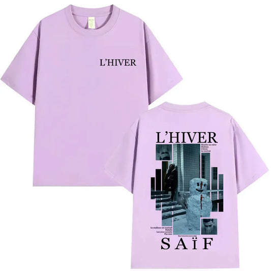 Lavender gothic hip hop short sleeve cotton t shirt with l hiver front print and saif album snowman graphic on back fans streetwear