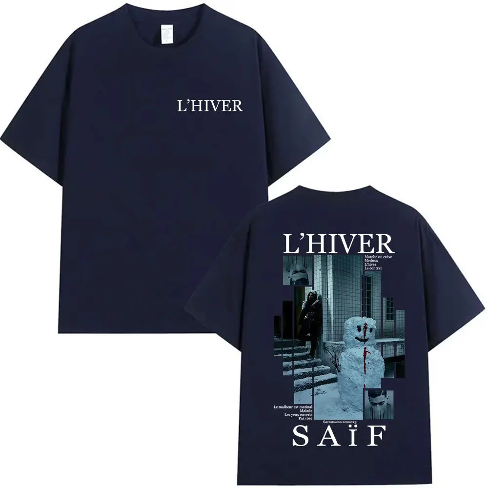 Back view of dark navy blue gothic hip hop short sleeve t-shirt featuring saif album 2025 graphic for fans streetwear