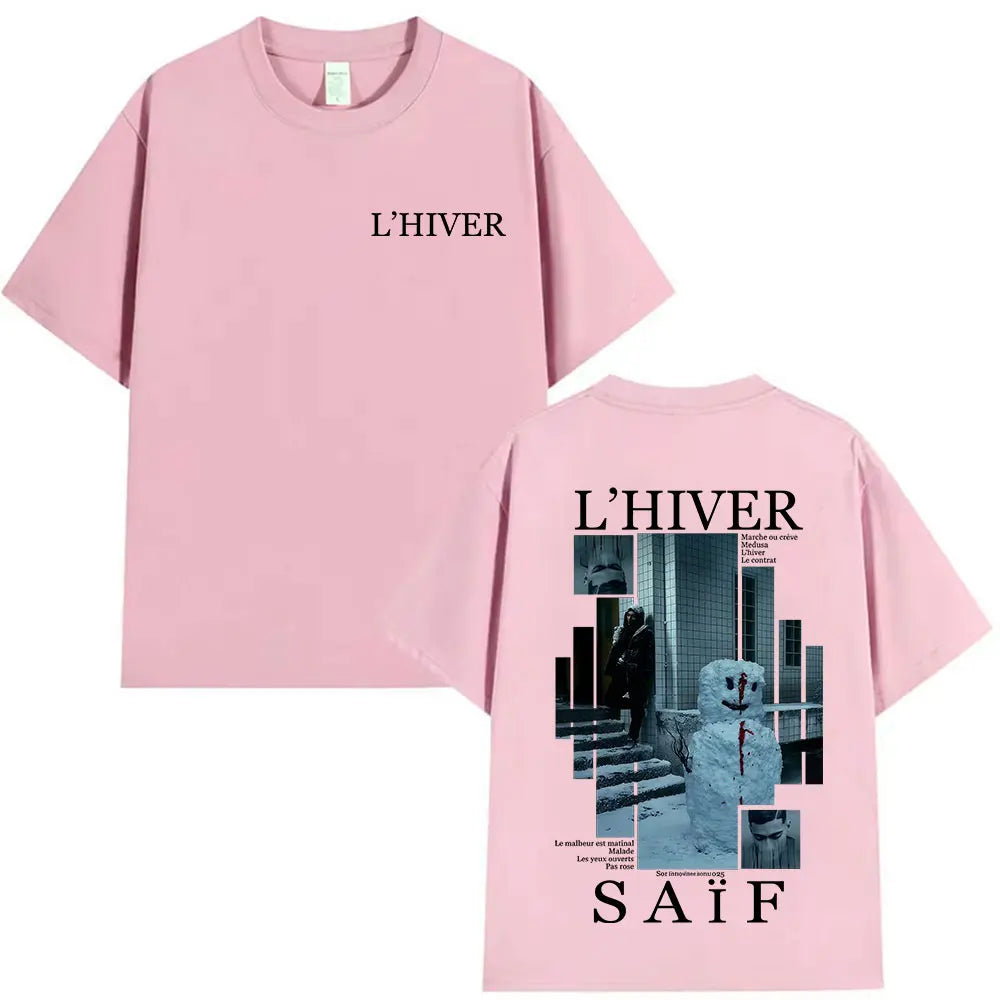Pink cotton short sleeve t shirt with l hiver print and snowman graphic on back inspired by saif album fans streetwear