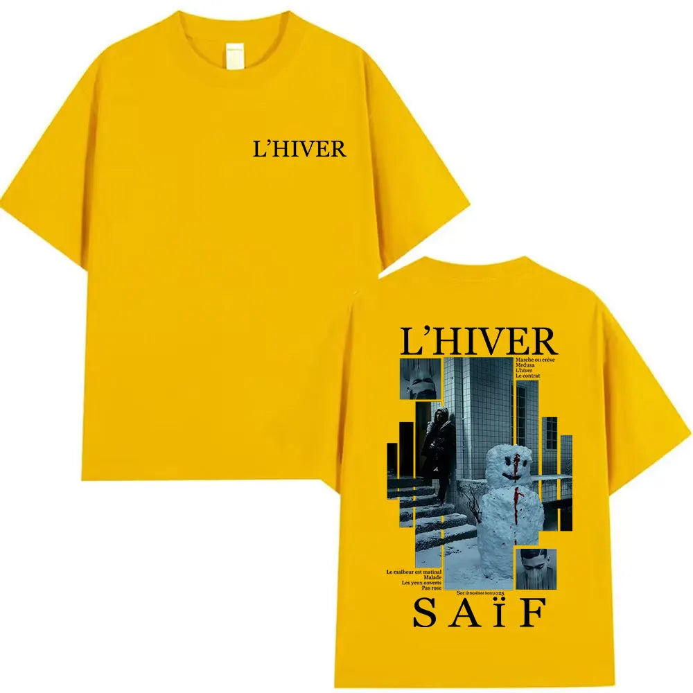 Back of bright yellow cotton gothic hip hop t shirt featuring saif album 2025 graphic for fans streetwear