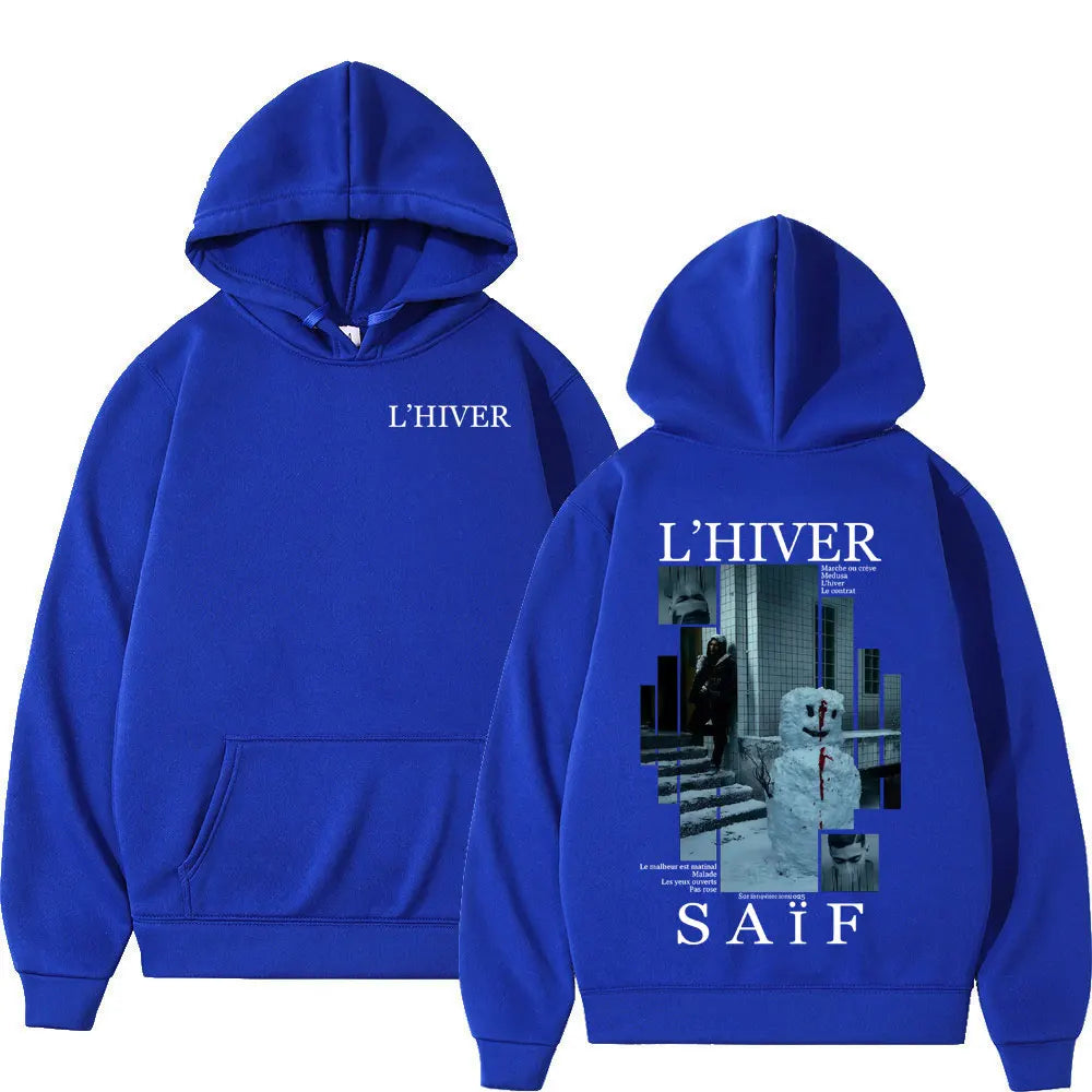 Royal blue oversized hoodie streetwear with hip hop fleece material featuring snowman graphic and l hiver text front design