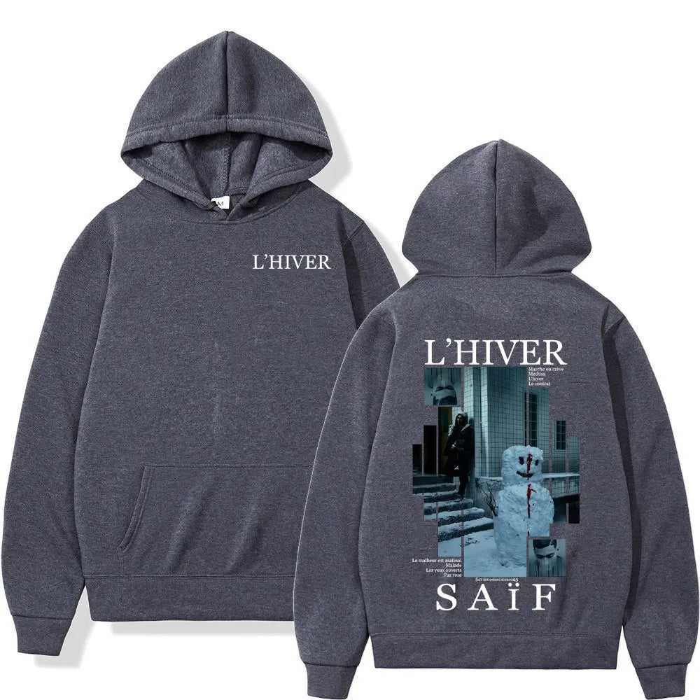 Dark gray hip hop fleece oversized hoodie streetwear with snowman graphic and l’hiver text front sweatshirt retro long sleeve
