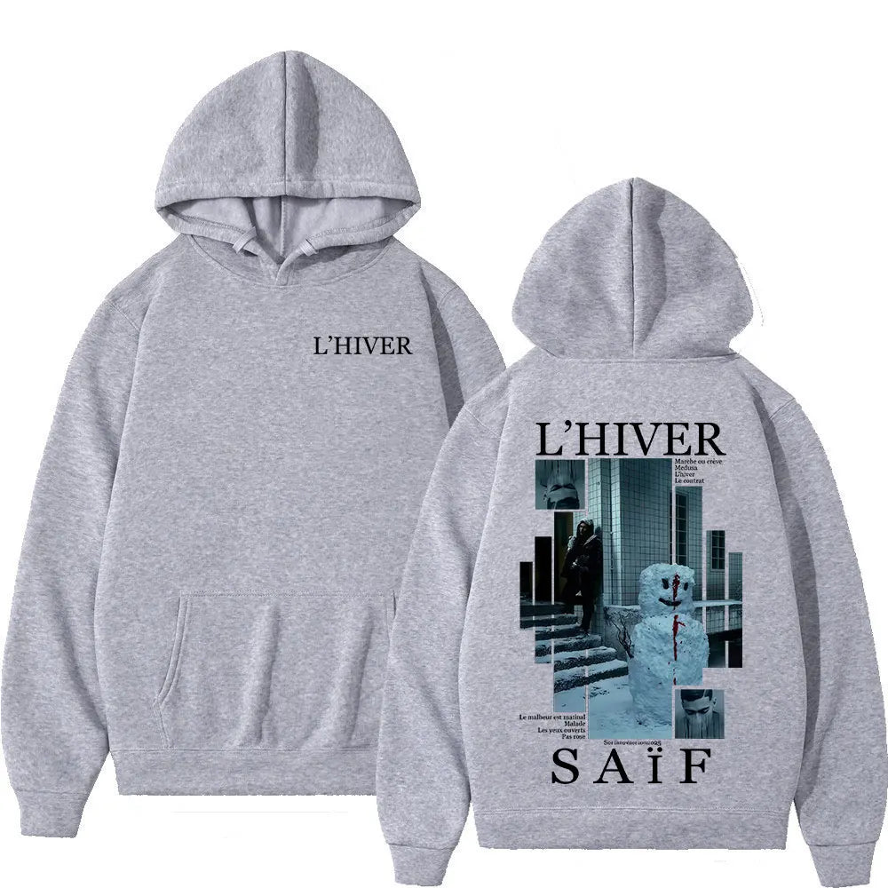 Gray heathered hip hop fleece oversized hoodie streetwear with saif graphic print and l hiver text sweatshirt retro long sleeve