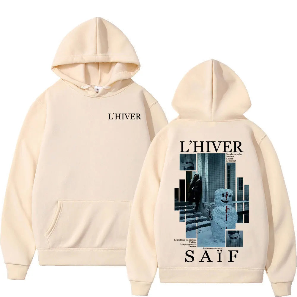 Cream-colored oversized hoodie streetwear featuring a snowman graphic and l’hiver text in hip hop fleece sweatshirt retro long sleeve