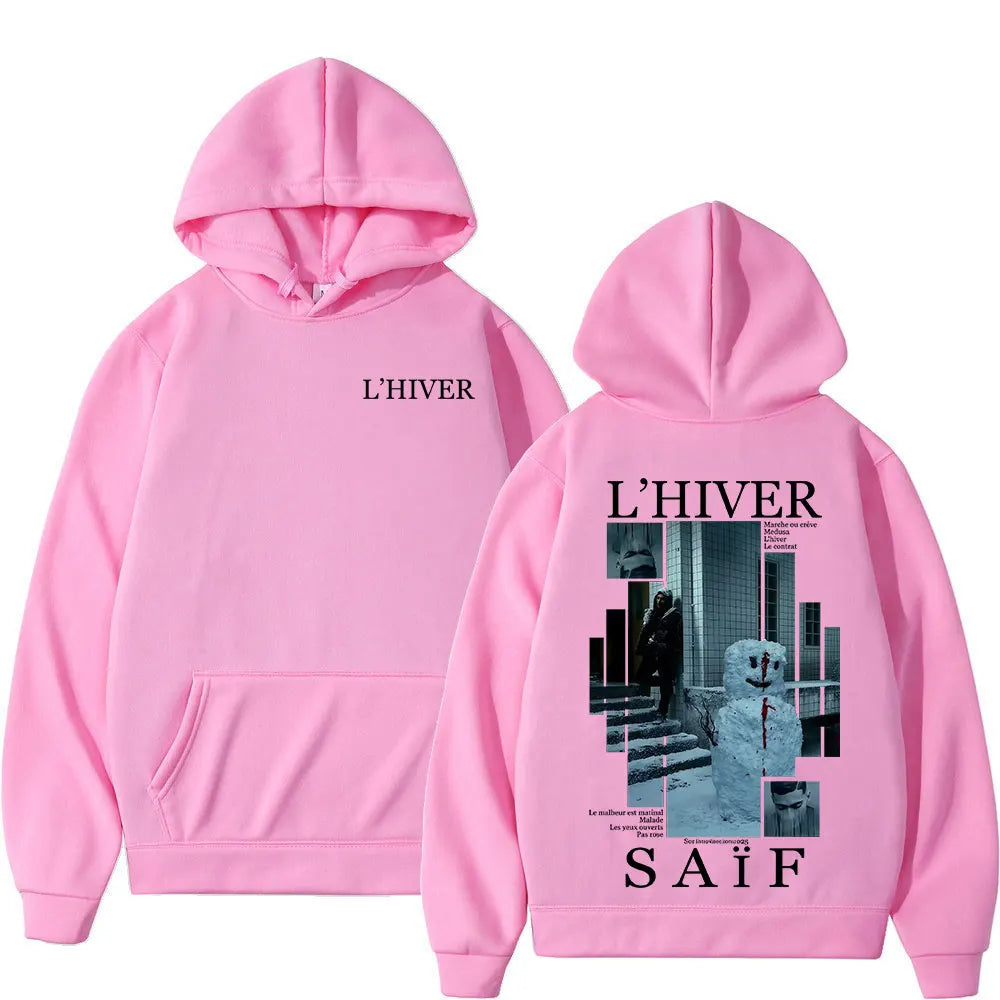Back of pink oversized hoodie streetwear with hip hop fleece sweatshirt retro long sleeve featuring snowman graphic and text