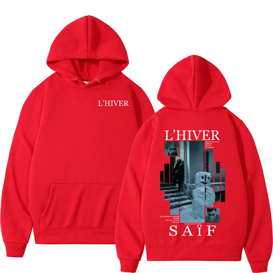 Red hoodie featuring hip hop fleece material with snowman graphic and l hiver text oversized hoodie streetwear design