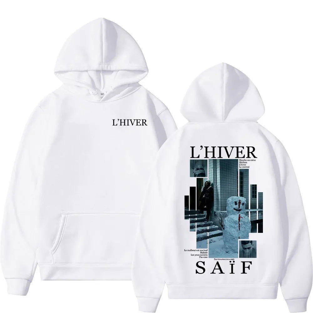 White oversized hoodie streetwear with hip hop fleece featuring a snowman graphic and l’hiver text in red stitching
