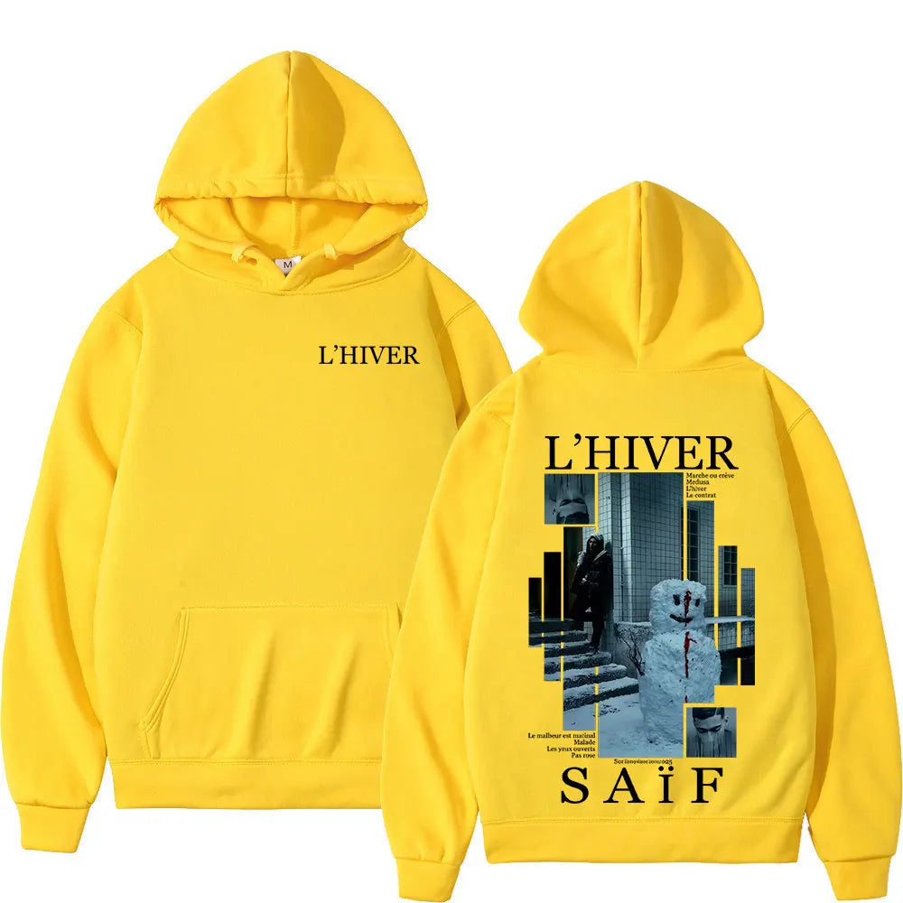 Back view of bright yellow hip hop fleece oversized hoodie streetwear with l hiver and saif graphic print sweatshirt retro long sleeve