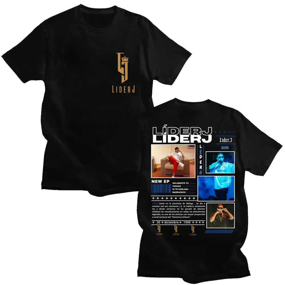 Black cotton rapper liderj album tour 2025 t-shirt with gold logo front and detailed graphic back print for casual hip hop use