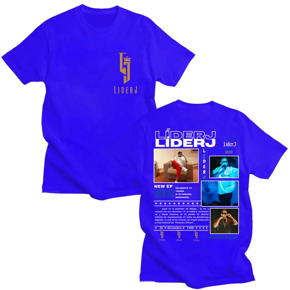 Vibrant royal blue cotton oversized t-shirt featuring a graphic design promoting líderj new ep for casual hip hop fashion