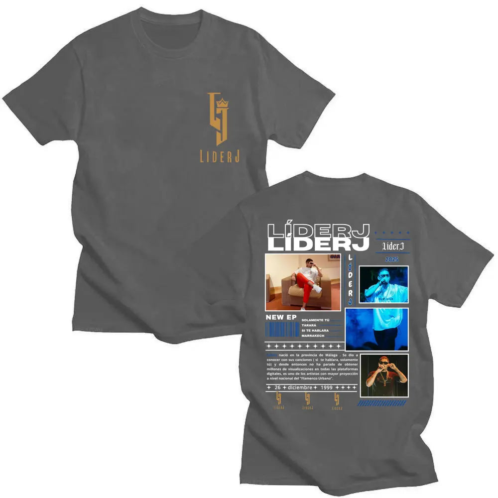 Dark gray cotton rapper LIDERJ album tour 2025 t shirt with gold logo front and detailed graphic print back view