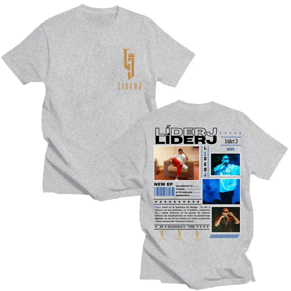 Heather gray cotton oversized short-sleeved t-shirt with liderj graphic print on front and back for casual hip hop wear