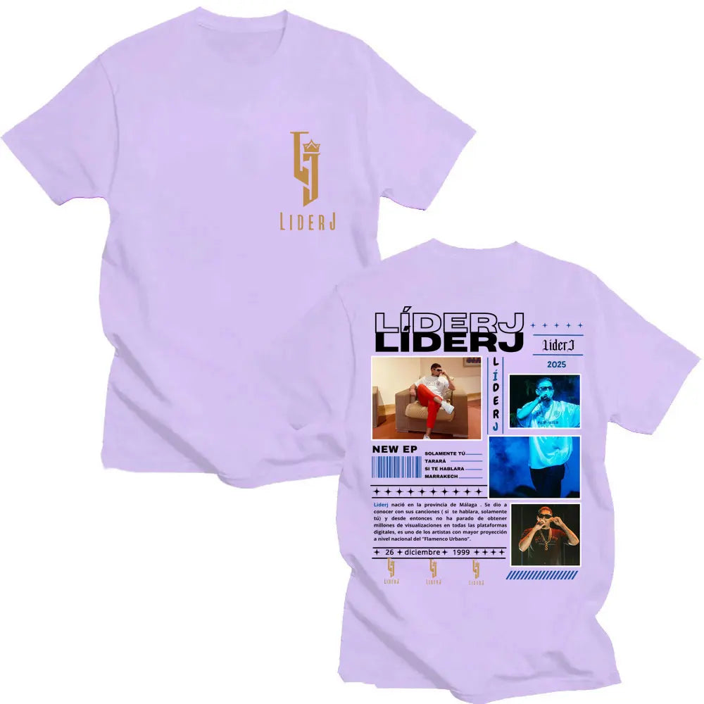 Light purple cotton rapper liderj album tour 2025 t-shirt with gold logo front and detailed graphic back for casual hip hop