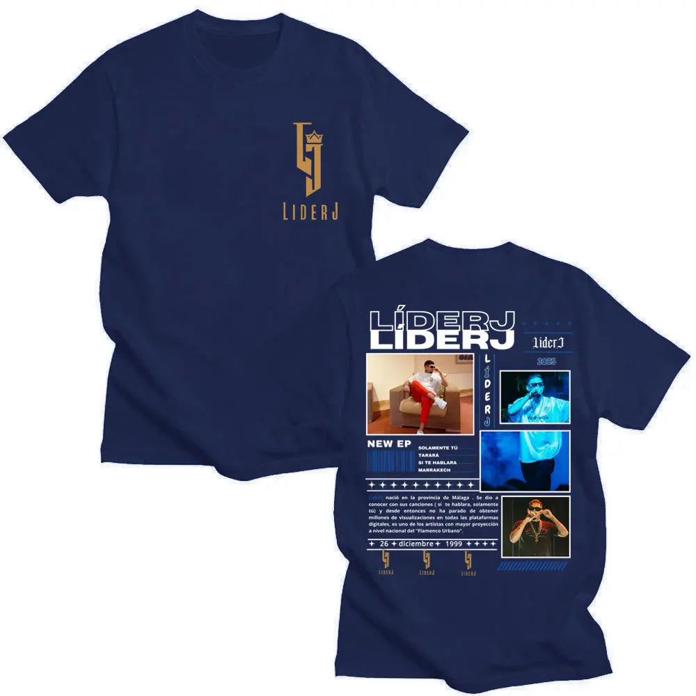 Navy blue cotton oversized rapper liderj album tour 2025 t-shirt for men and women with gold logo front and graphic back