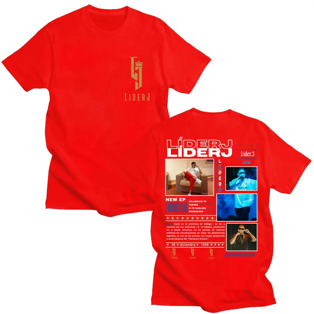 Red cotton oversized t-shirt with gold lider j logo front and detailed graphic print on the back for hip hop fans