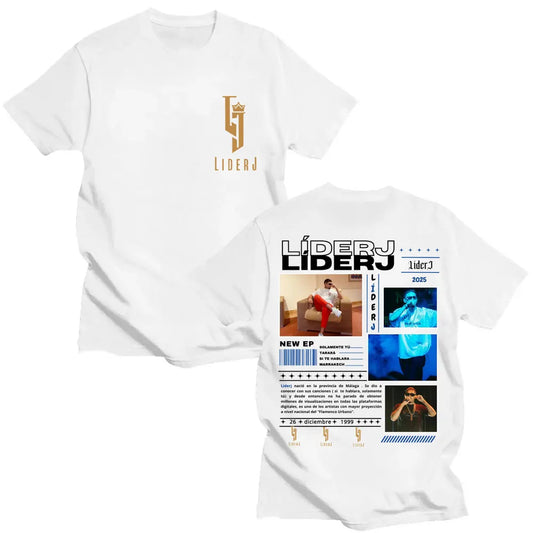White cotton oversized t-shirt featuring graphic design with rapper líderj name and 2025 ep promotional text