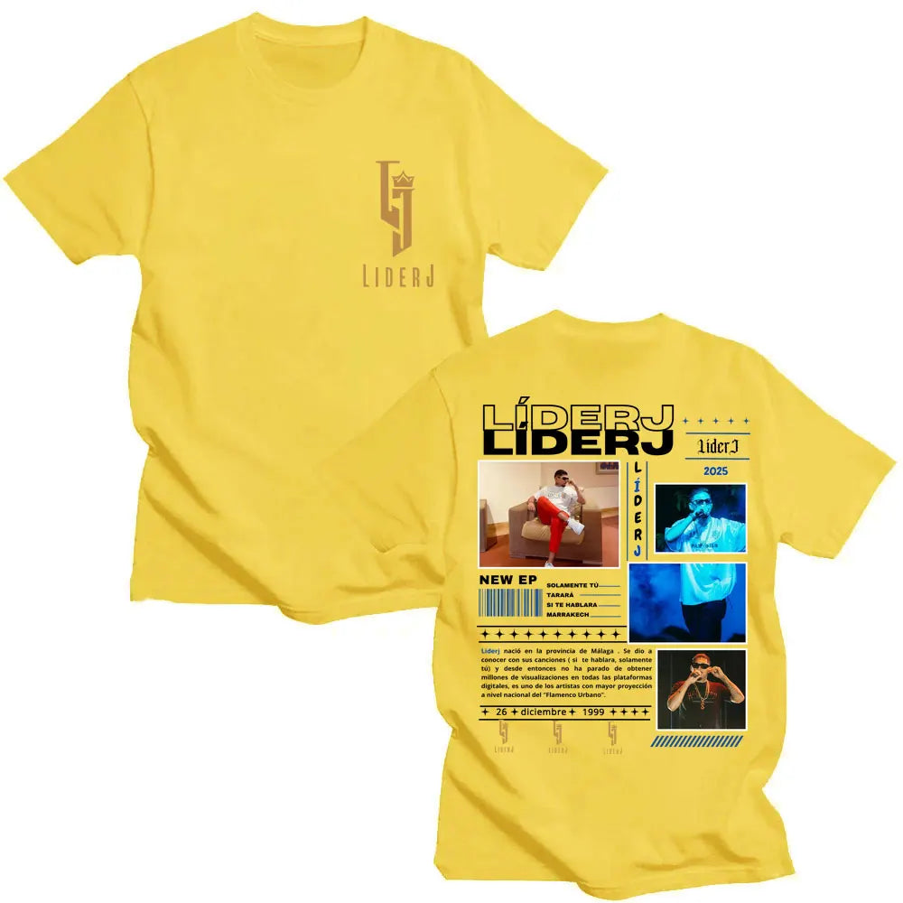 Bright yellow cotton oversized short-sleeved t-shirt with rapper líderj graphic promoting 2025 ep tour