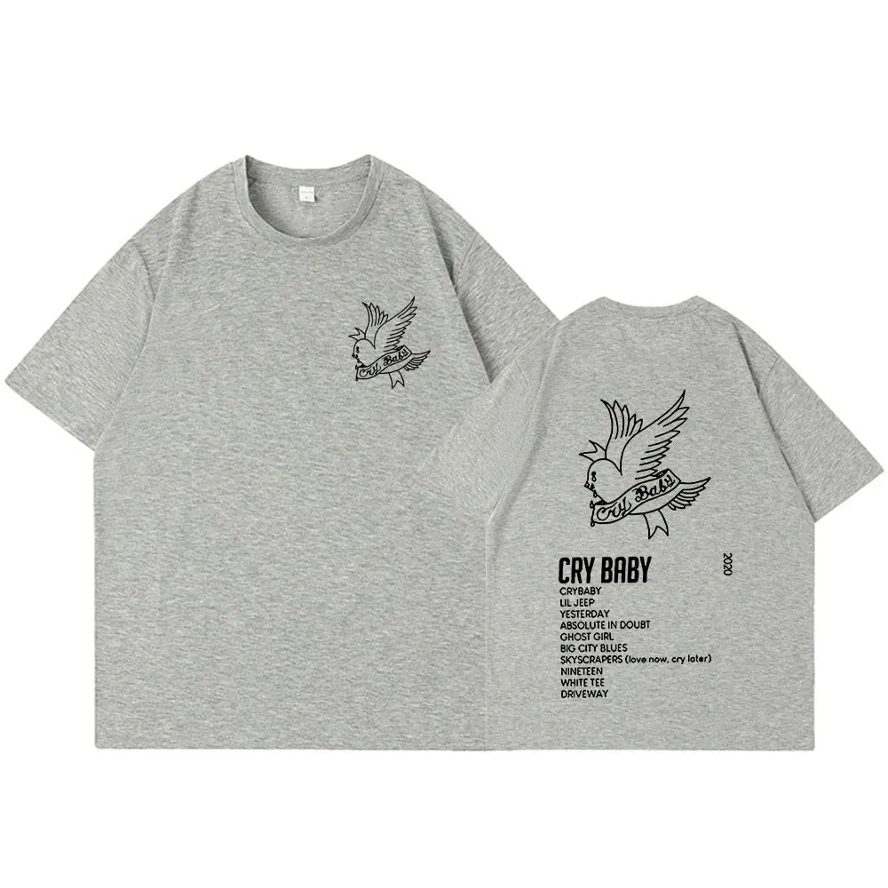 Gray heathered cotton t-shirt with black line-art bird and crybaby text on back for rapper lil peep men fashion hip hop