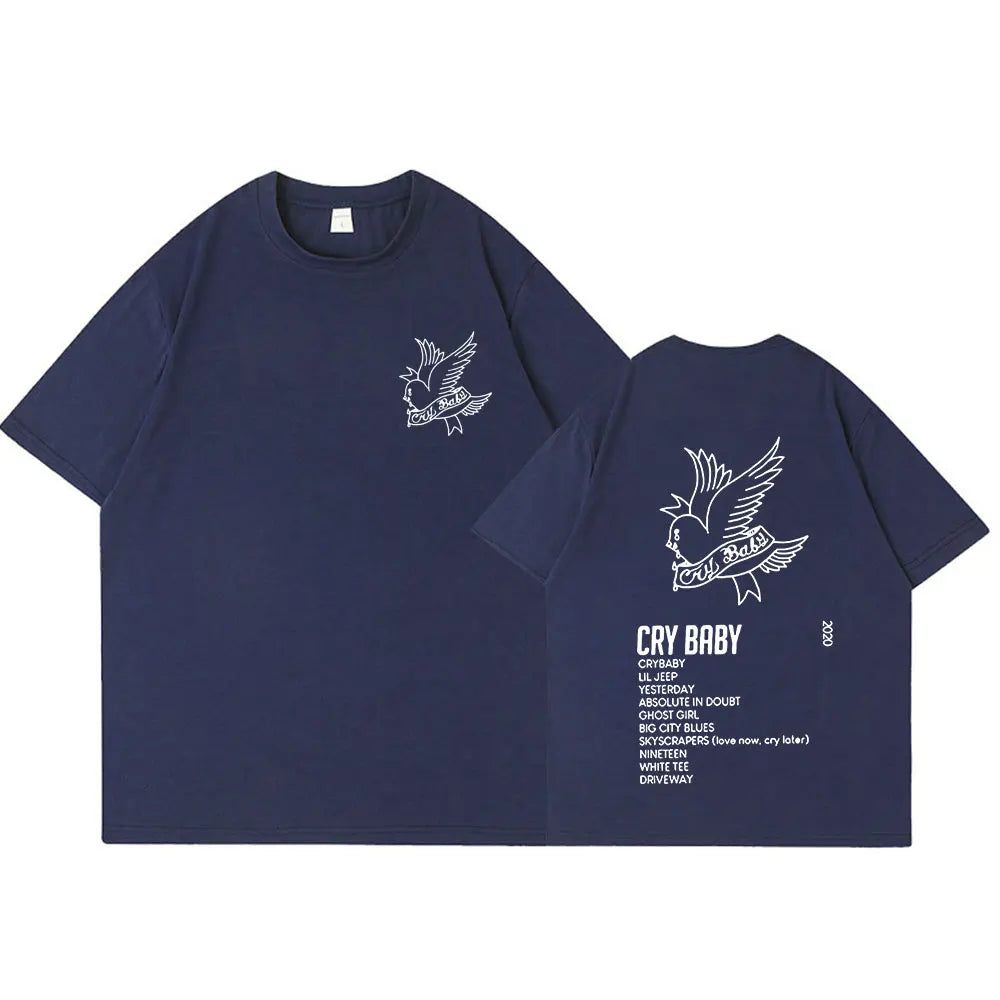 Navy blue cotton short sleeve t-shirt with white bird graphic and text from rapper lil peep crybaby music album men fashion hip