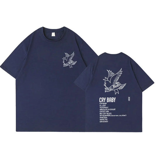 Navy blue cotton short sleeve t-shirt with white bird graphic and text from rapper lil peep crybaby music album men fashion hip