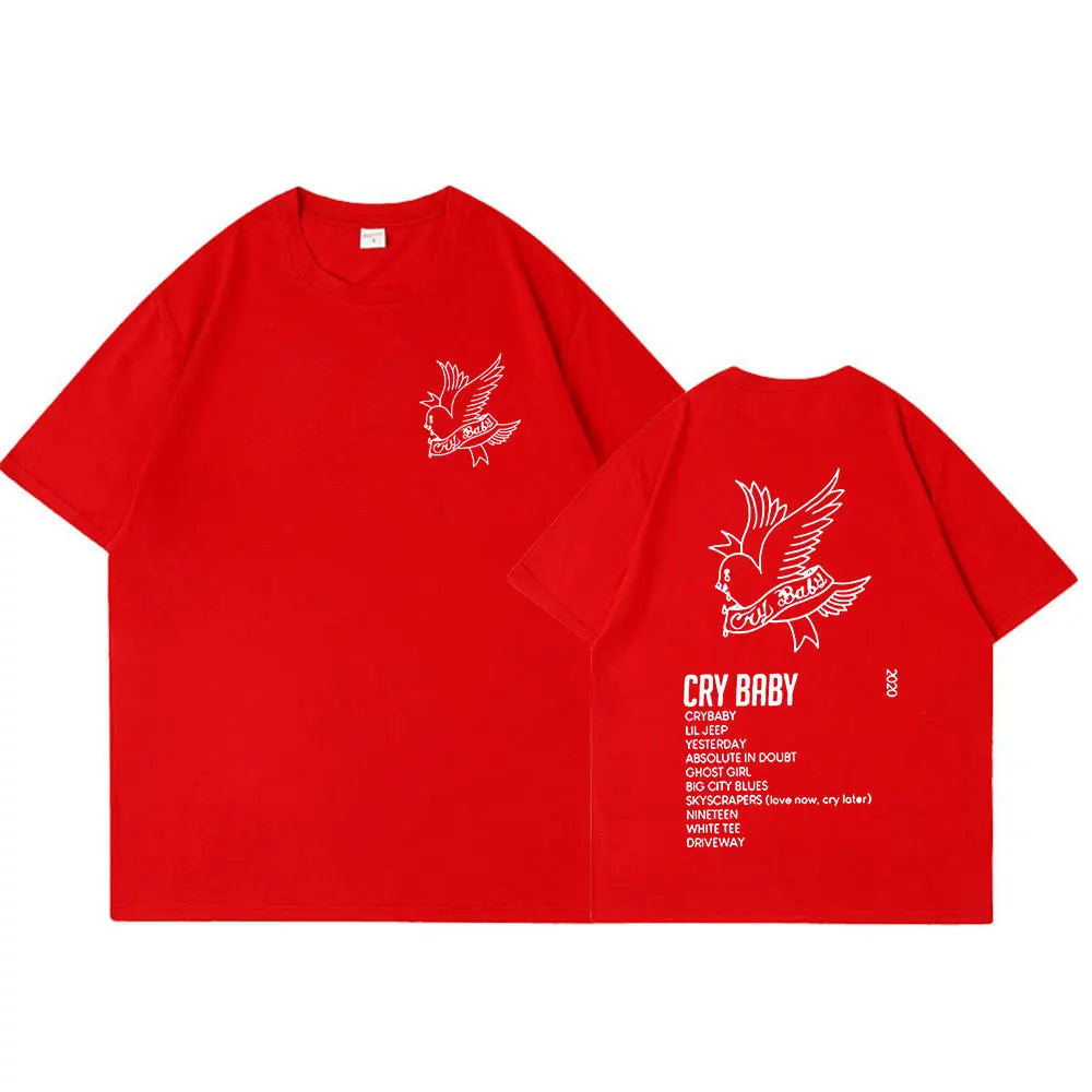 Red short-sleeved cotton t-shirt with white embroidered bird and crybaby music album tracklist for men fashion hip hop