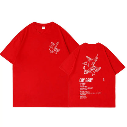 Red short-sleeved cotton t-shirt with white embroidered bird and crybaby music album tracklist for men fashion hip hop