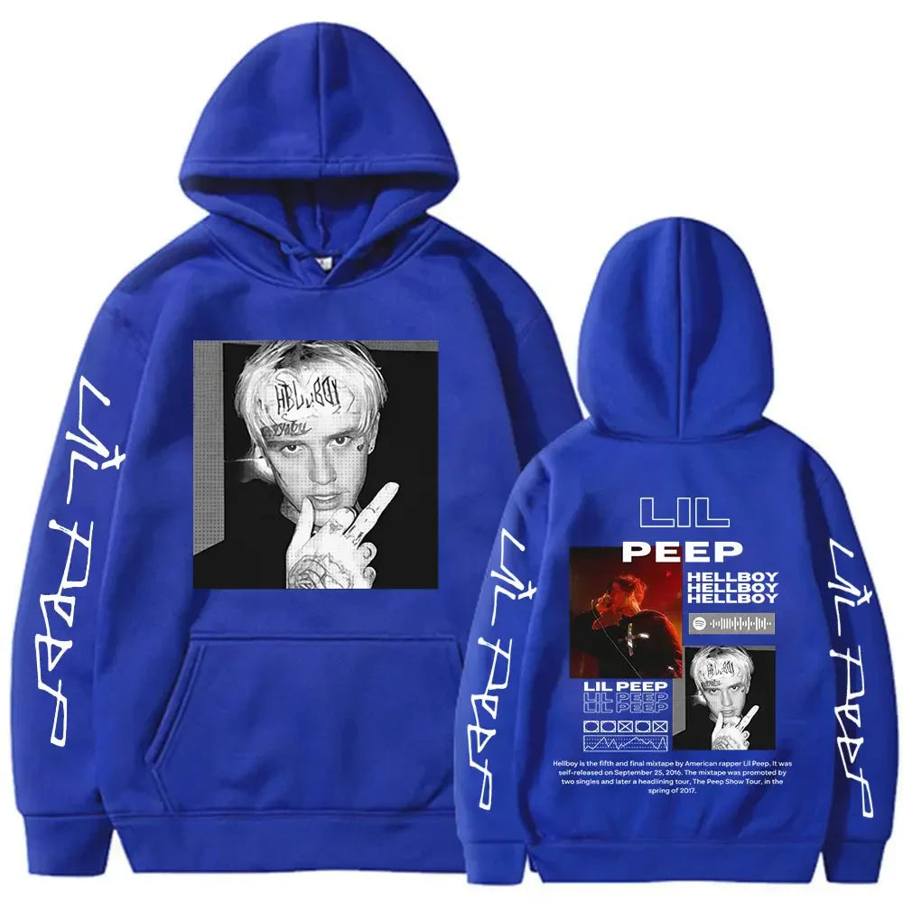 Royal blue oversized rapper lil peep hoodie with black and white graphic front and back for women clothing aesthetic