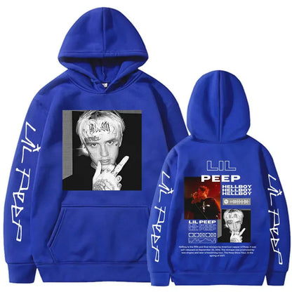 Royal blue oversized rapper lil peep hoodie with black and white graphic front and back for women clothing aesthetic