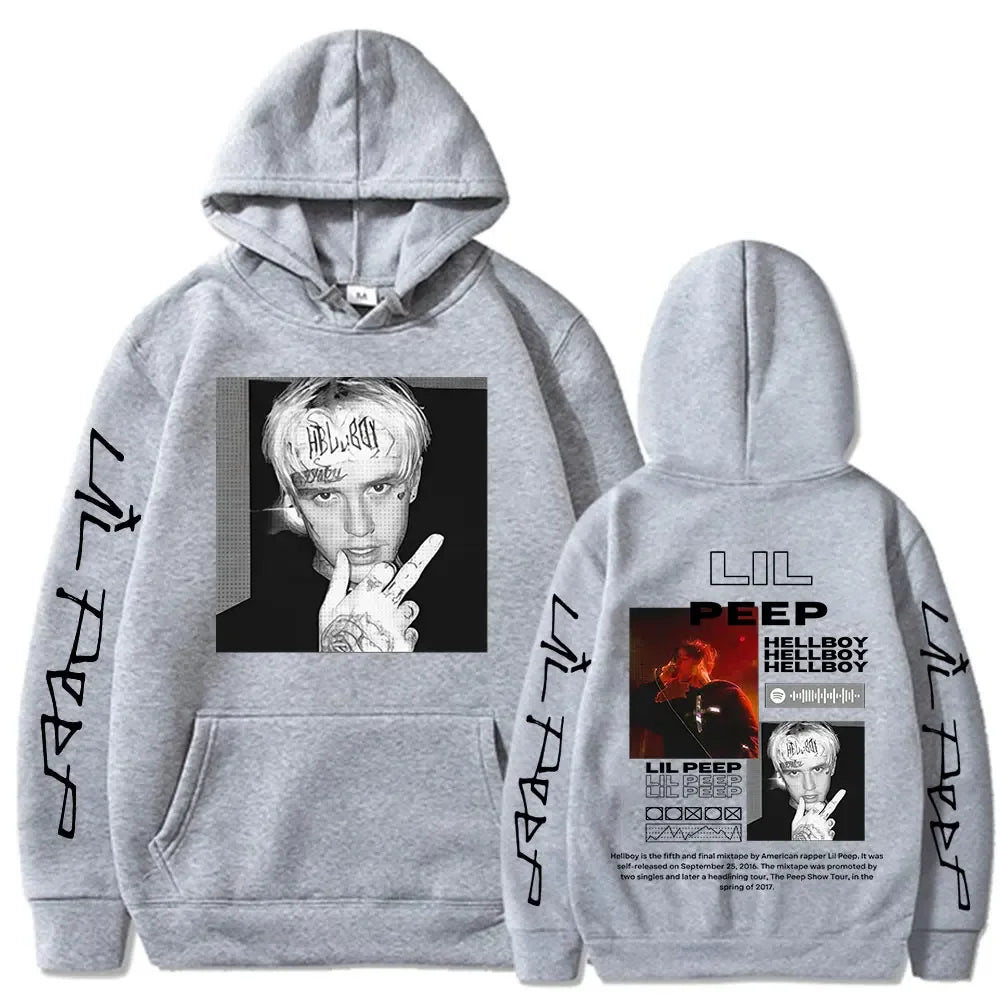 Gray hooded sweatshirt with black and white lil peep graphic front and album art back featuring lil peep sleeves for women clothing aesthetic
