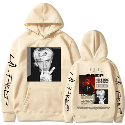 Cream-colored rapper lil peep hoodie with black graphic prints and lil peep lettering on sleeves for women clothing aesthetic