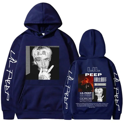 Navy blue rapper lil peep hoodie with black and white portrait front and peep hoodies hellboy album art back for women clothing aesthetic