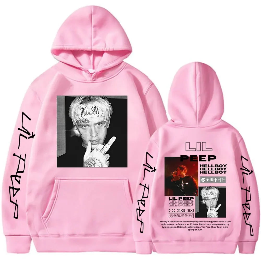 Pink rapper lil peep hoodie with black and white graphic front and back and peep hoodies hellboy sleeve print for women clothing aesthetic