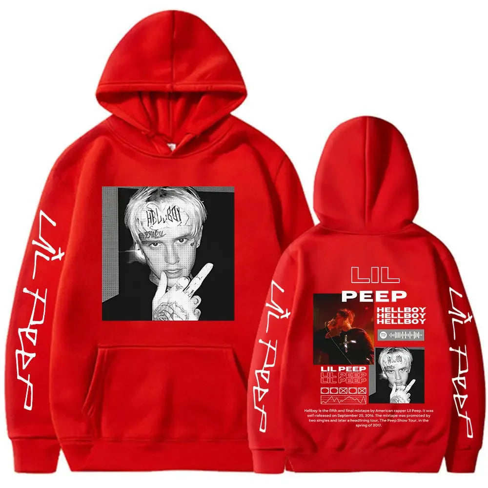 Red hooded sweatshirt featuring black and white lil peep portrait and graphic designs for rapper lil peep women clothing aesthetic