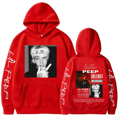 Red hooded sweatshirt featuring black and white lil peep portrait and graphic designs for rapper lil peep women clothing aesthetic